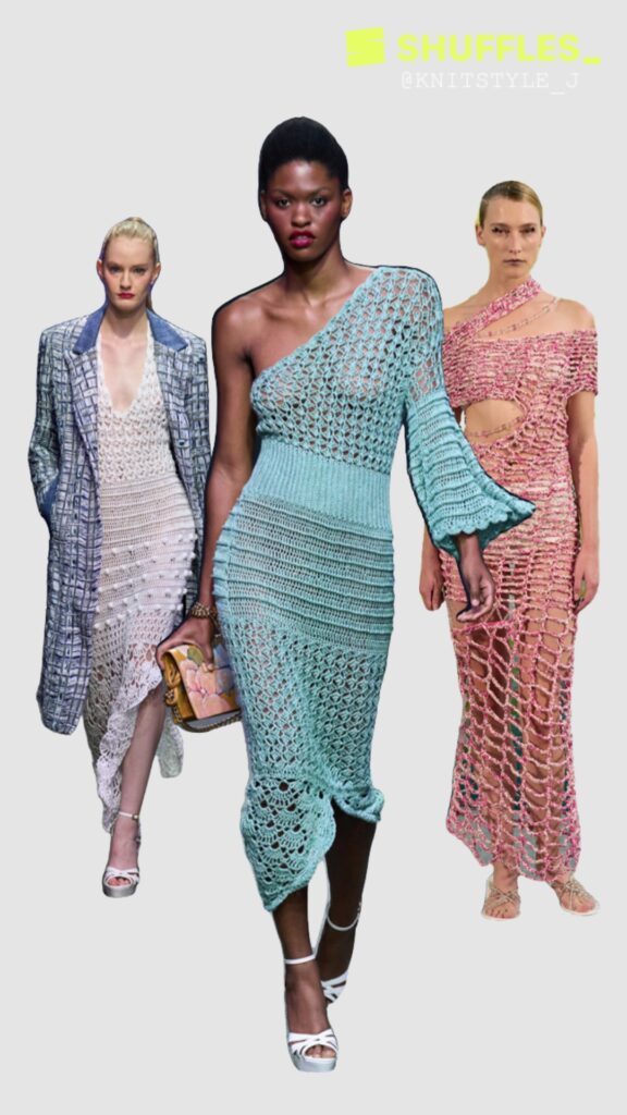 Models showcasing Spring crochet fashion trends 2023 in exquisite lace dresses by Frederick Anderson and Susan Fang, part of their Spring 2023 Ready to Wear collections.