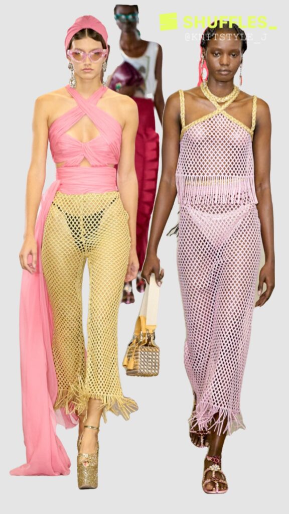 Spring 2023 Mesh Trend by Giambattista Valli: A model gracefully wearing a mesh garment, a hallmark of Giambattista Valli's Spring 2023 Ready to Wear collection, demonstrating the blend of comfort and style in this fashionable trend.