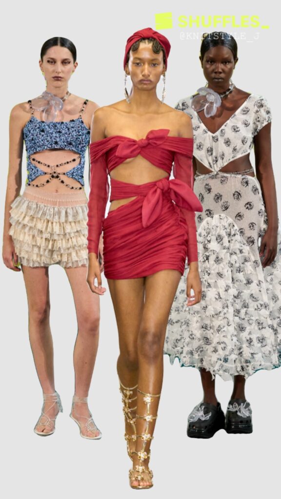 Spring 2023 Runway Oblique Cut-Outs: Models strutting the runway in innovative designs by Giambattista Valli, Zuhair Murad, and Susan Fang as part of their Spring 2023 Ready to Wear collections, showcasing the unique and creative use of oblique cut-outs in fashion.