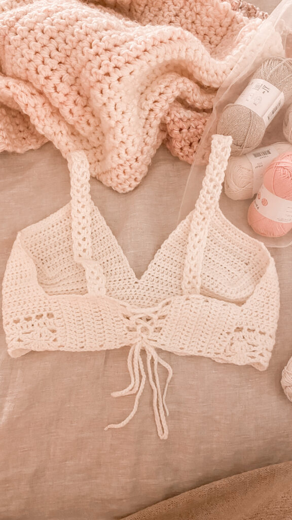 DIY crochet bralette featuring intricate stitching and stylish design.